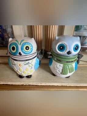 Owls Canister Jars - Set of 2 Ceramic - Wire Latch Hinged Lid - Boston Warehouse